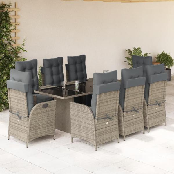 ARDEBO.de - 9-tlg. Garten-Essgruppe mit Kissen Grau Poly Rattan