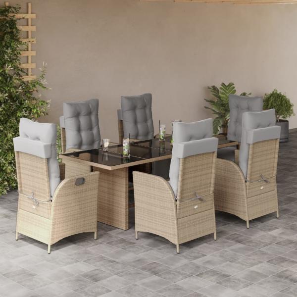 ARDEBO.de - 7-tlg. Garten-Essgruppe mit Kissen Beigemischung Poly Rattan