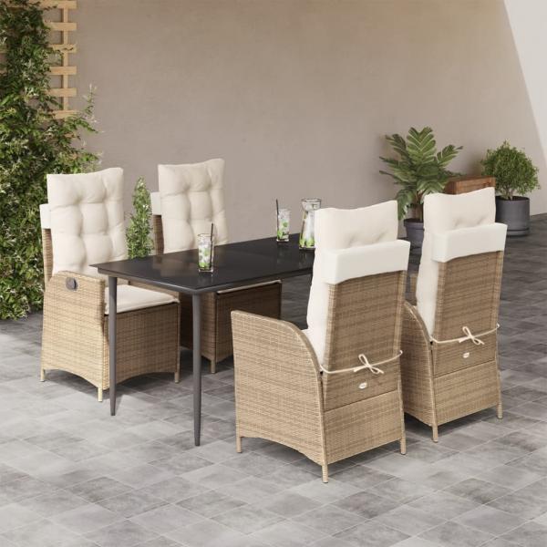 ARDEBO.de - 5-tlg. Garten-Essgruppe mit Kissen Beige Poly Rattan