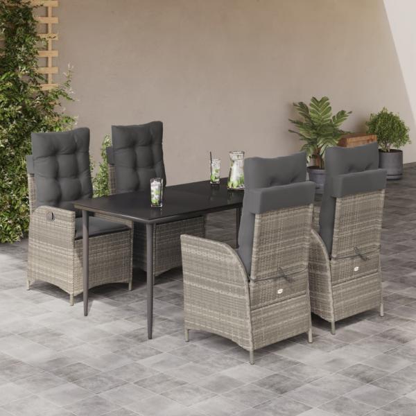ARDEBO.de - 5-tlg. Garten-Essgruppe mit Kissen Hellgrau Poly Rattan