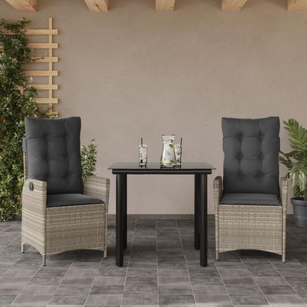 ARDEBO.de - 3-tlg. Garten-Essgruppe mit Kissen Hellgrau Poly Rattan
