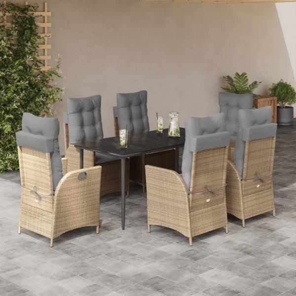 ARDEBO.de - 7-tlg. Garten-Essgruppe mit Kissen Beige Poly Rattan