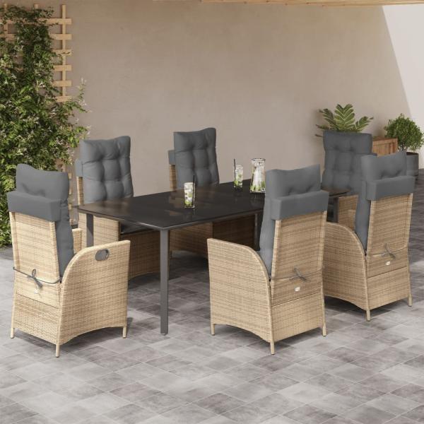 ARDEBO.de - 7-tlg. Garten-Essgruppe mit Kissen Beige Poly Rattan