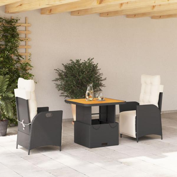 ARDEBO.de - 3-tlg. Garten-Essgruppe mit Kissen Schwarz Poly Rattan