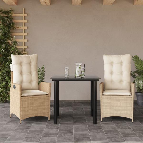 ARDEBO.de - 3-tlg. Garten-Essgruppe mit Kissen Beige Poly Rattan
