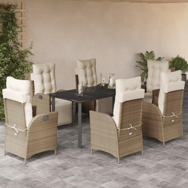 ARDEBO.de - 7-tlg. Garten-Essgruppe mit Kissen Beige Poly Rattan
