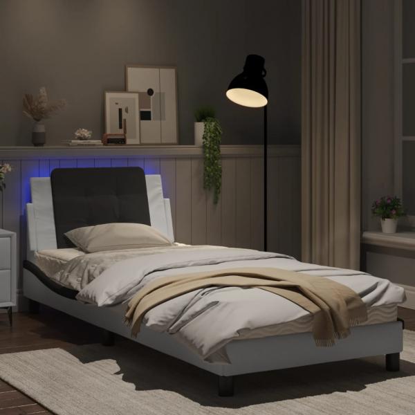 Bettgestell mit LED Weiß und Schwarz 90x190 cm Kunstleder