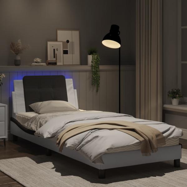 Bettgestell mit LED Weiß und Schwarz 90x200 cm Kunstleder