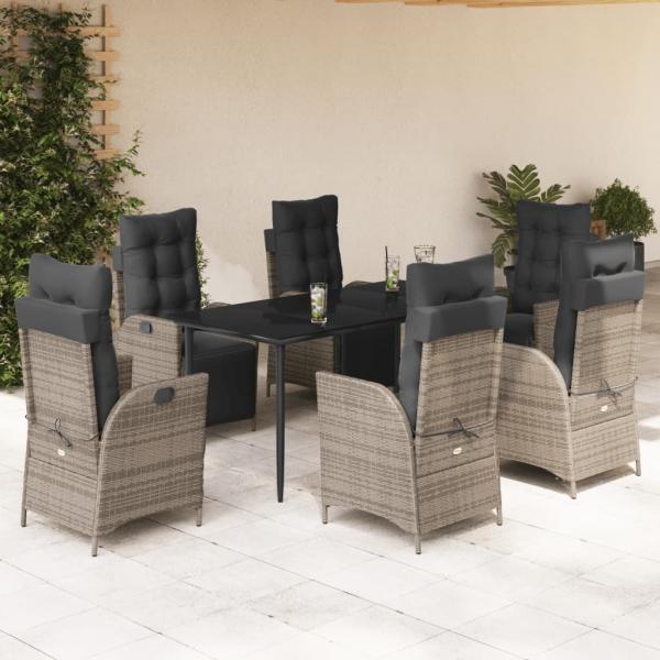 ARDEBO.de - 7-tlg. Garten-Essgruppe mit Kissen Grau Poly Rattan