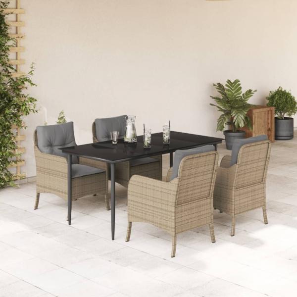 ARDEBO.de - 5-tlg. Garten-Essgruppe mit Kissen Beige Poly Rattan