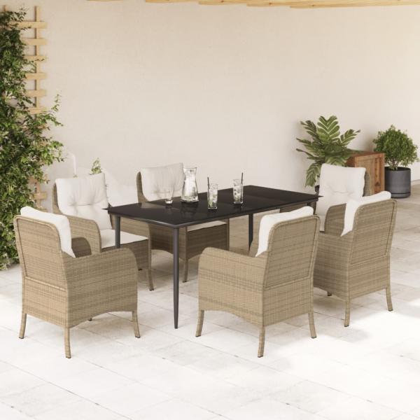ARDEBO.de - 7-tlg. Garten-Essgruppe mit Kissen Beige Poly Rattan