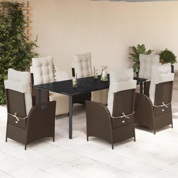 ARDEBO.de - 7-tlg. Garten-Essgruppe mit Kissen Braun Poly Rattan