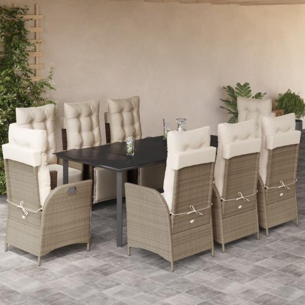 ARDEBO.de - 9-tlg. Garten-Essgruppe mit Kissen Beige Poly Rattan