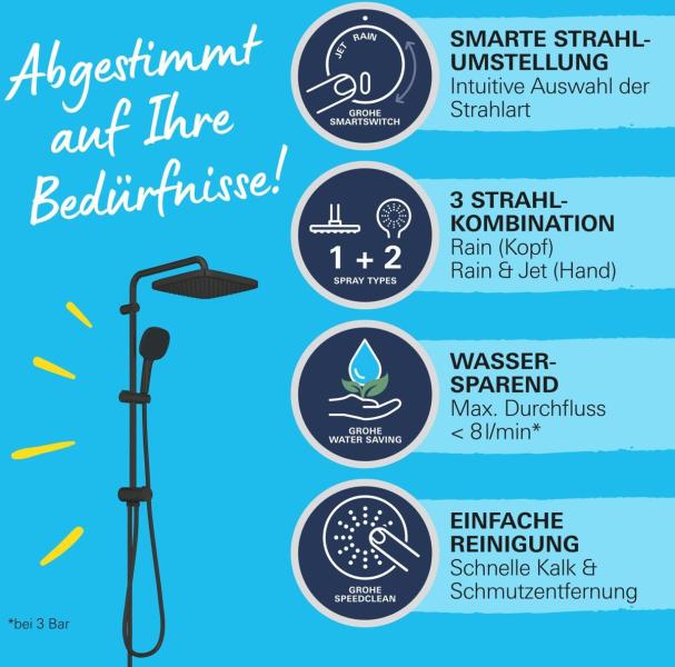 GROHE Vitalio Comfort 250 Flex Duschsystem, mit Umstellung, Wandmontage, Quickfix, mattschwarz (266982431)