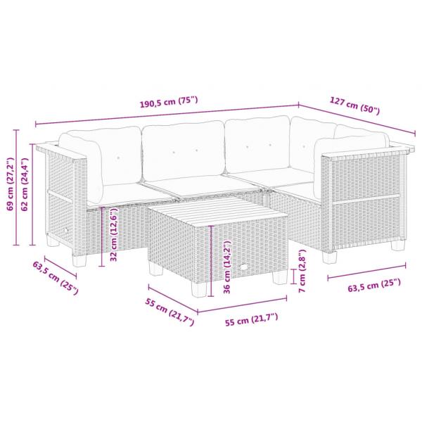 5-tlg. Garten-Sofagarnitur mit Kissen Grau Poly Rattan