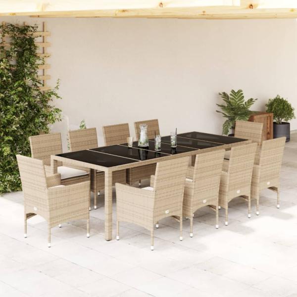 ARDEBO.de - 11-tlg. Garten-Essgruppe mit Kissen Beige Poly Rattan und Glas