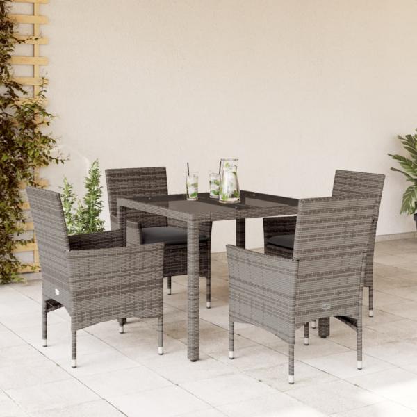 ARDEBO.de - 5-tlg. Garten-Essgruppe mit Kissen Grau Poly Rattan und Glas