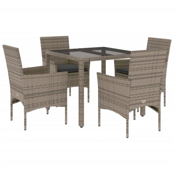 5-tlg. Garten-Essgruppe mit Kissen Grau Poly Rattan und Glas
