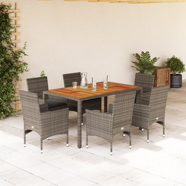 ARDEBO.de - 7-tlg. Garten-Essgruppe mit Kissen Grau Poly Rattan Akazie