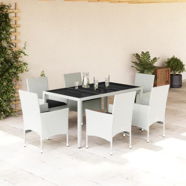 ARDEBO.de - 7-tlg. Garten-Essgruppe mit Kissen Weiß Poly Rattan und Glas