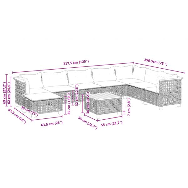 9-tlg. Garten-Sofagarnitur mit Kissen Schwarz Poly Rattan