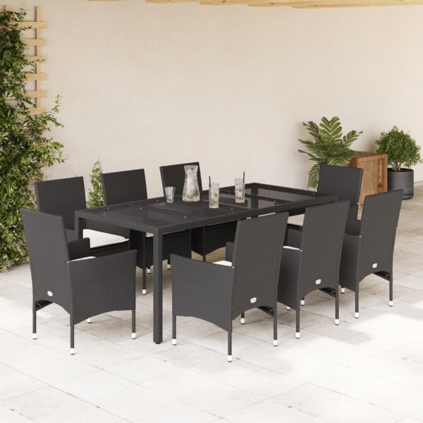 ARDEBO.de - 9-tlg. Garten-Essgruppe mit Kissen Schwarz Poly Rattan und Glas