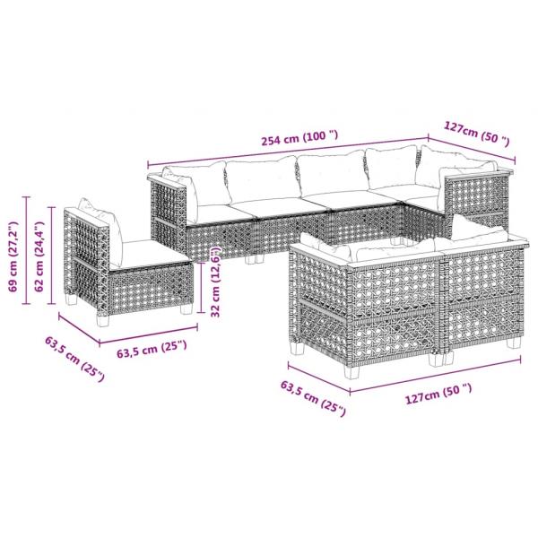8-tlg. Garten-Sofagarnitur mit Kissen Schwarz Poly Rattan