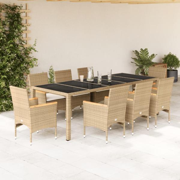 ARDEBO.de - 9-tlg. Garten-Essgruppe mit Kissen Beige Poly Rattan Glas