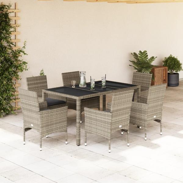 ARDEBO.de - 7-tlg. Garten-Essgruppe mit Kissen Hellgrau Poly Rattan & Glas