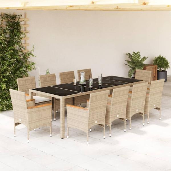 ARDEBO.de - 11-tlg. Garten-Essgruppe mit Kissen Beige Poly Rattan und Glas