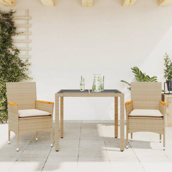 ARDEBO.de - 3-tlg. Garten-Essgruppe mit Kissen Beige Poly Rattan und Glas