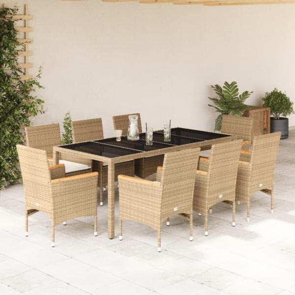 ARDEBO.de - 9-tlg. Garten-Essgruppe mit Kissen Beige Poly Rattan Glas