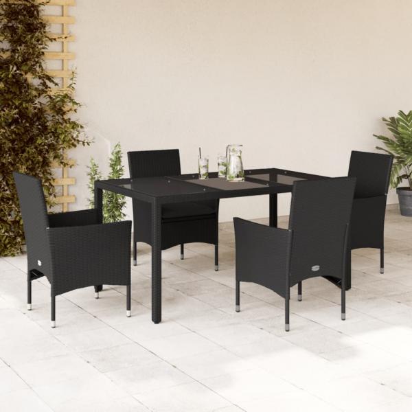 ARDEBO.de - 5-tlg. Garten-Essgruppe mit Kissen Schwarz Poly Rattan und Glas