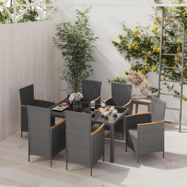 ARDEBO.de - 7-tlg. Garten-Essgruppe mit Auflagen Poly Rattan Schwarz & Grau