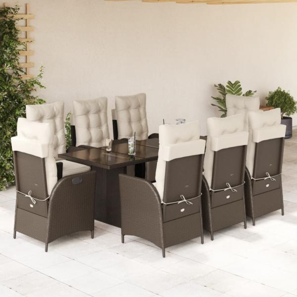 ARDEBO.de - 9-tlg. Garten-Essgruppe mit Kissen Braun Poly Rattan