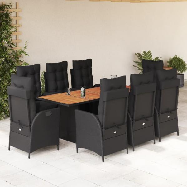 ARDEBO.de - 9-tlg. Garten-Essgruppe mit Kissen Schwarz Poly Rattan