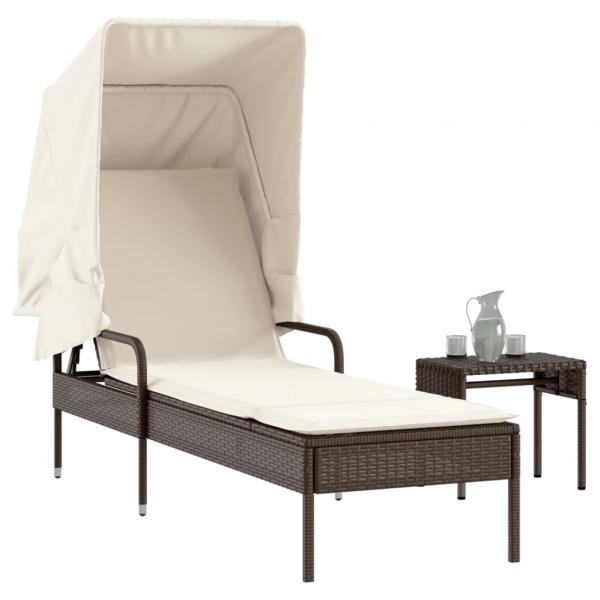 ARDEBO.de - Sonnenliege mit Dach und Tisch Braun Poly Rattan