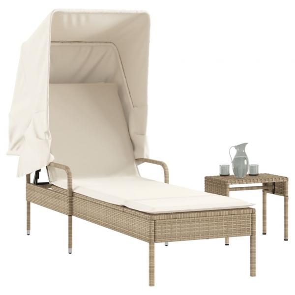 ARDEBO.de - Sonnenliege mit Dach und Tisch Beige Poly Rattan