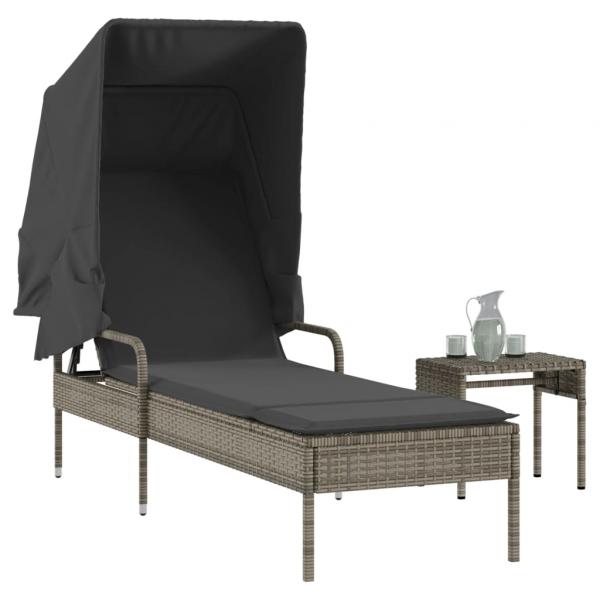 ARDEBO.de - Sonnenliege mit Dach und Tisch Grau Poly Rattan