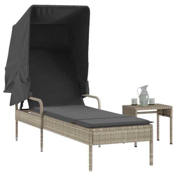 ARDEBO.de - Sonnenliege mit Dach und Tisch Hellgrau Poly Rattan