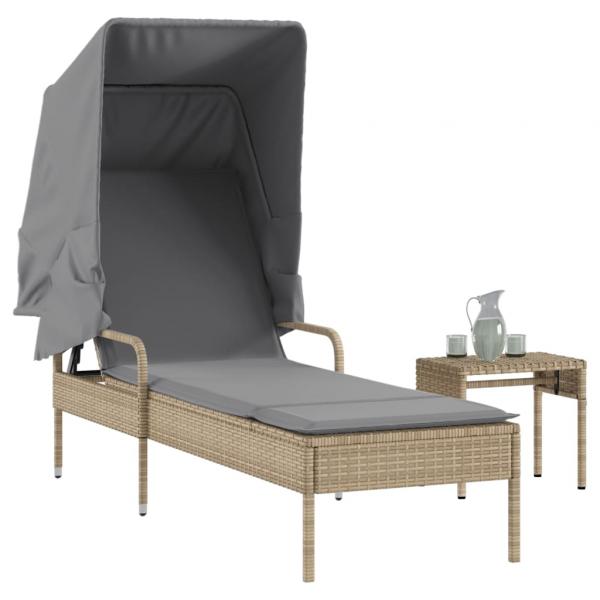 ARDEBO.de - Sonnenliege mit Dach und Tisch Beige Poly Rattan