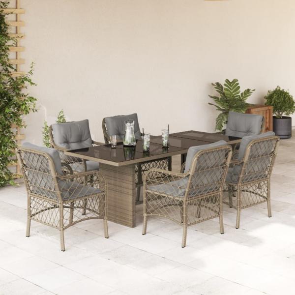 ARDEBO.de - 7-tlg. Garten-Essgruppe mit Kissen Beigemischung Poly Rattan
