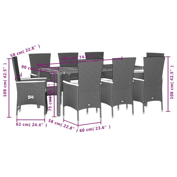 7-tlg. Garten-Essgruppe mit Kissen Schwarz Poly Rattan