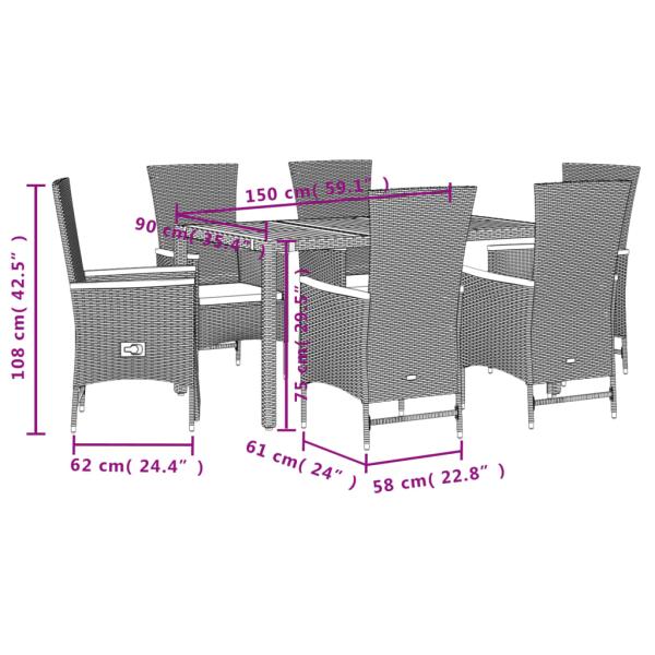 7-tlg. Garten-Essgruppe mit Kissen Schwarz Poly Rattan