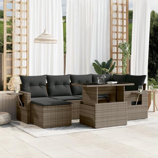 ARDEBO.de - 7-tlg. Garten-Sofagarnitur mit Kissen Grau Poly Rattan