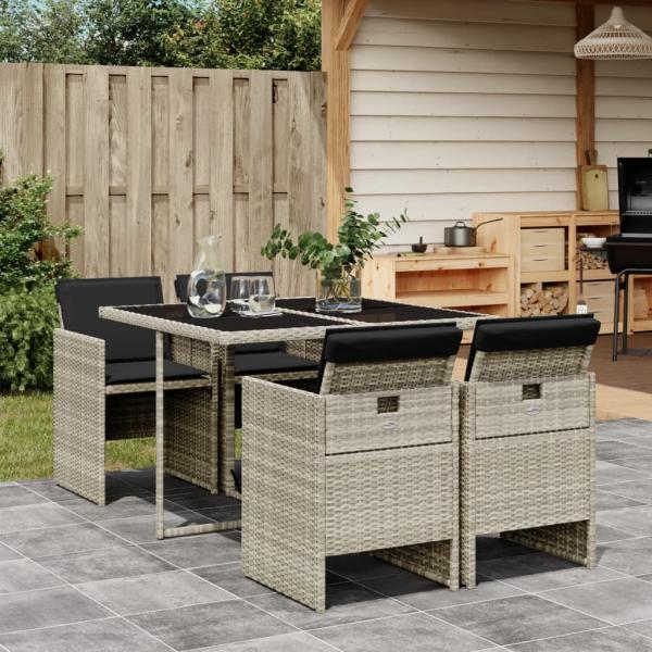 ARDEBO.de - 5-tlg. Garten-Essgruppe mit Kissen Hellgrau Poly Rattan