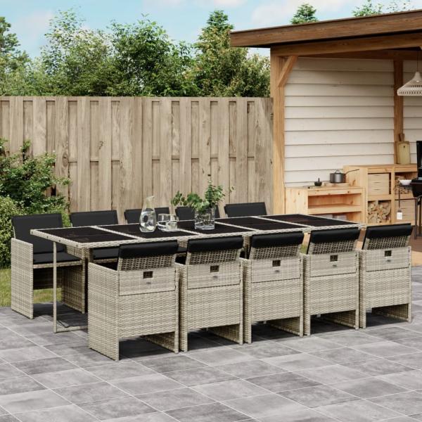 ARDEBO.de - 11-tlg. Garten-Essgruppe mit Kissen Hellgrau Poly Rattan