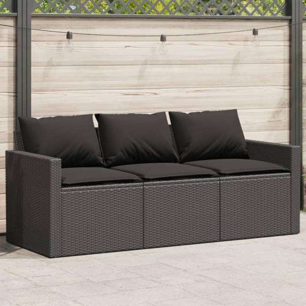 ARDEBO.de - Gartensofa mit Kissen 3-Sitzer Schwarz Poly Rattan