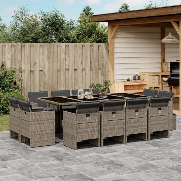 ARDEBO.de - 13-tlg. Garten-Essgruppe mit Kissen Grau Poly Rattan