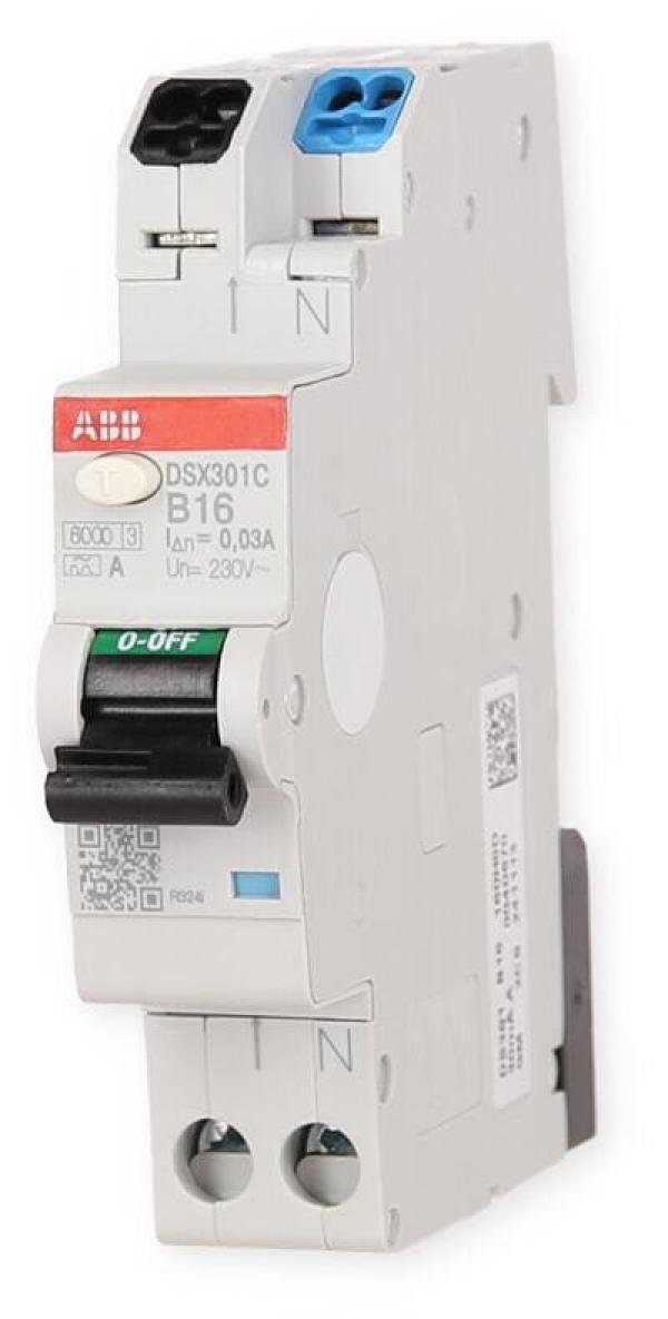 ABB DSX301, FI/LS-Schutzschalter, B16/0,03 A, 1 P+N 6kA, Serie DSX301, Push-In, 1TE (2CSR255165R1165)